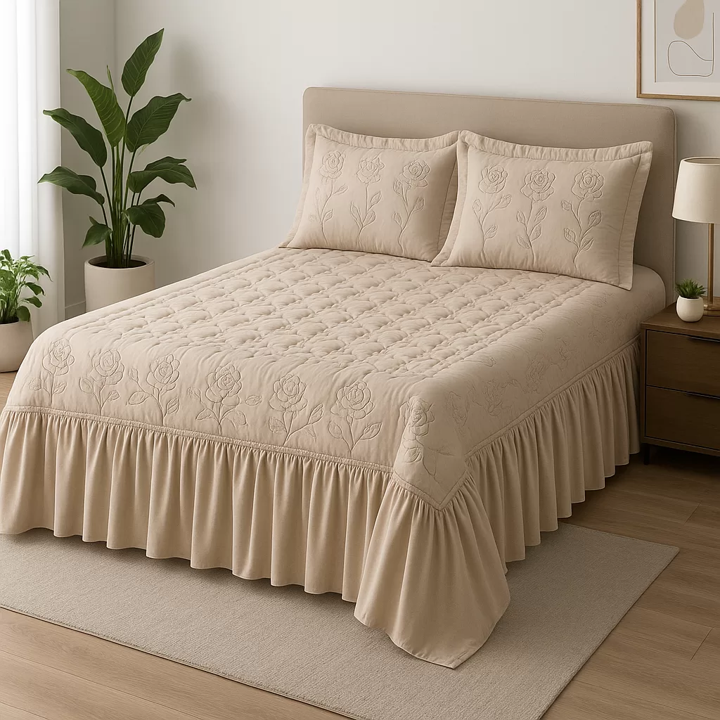 Kit 3 Peças Colcha Casal Padrao Requinte Toda Bordada Avelã