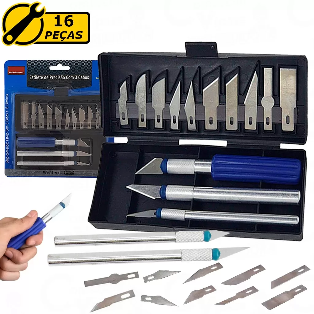 Kit Jogo Estilete De Precisão 16 Peças Estojo Magnético Tipo Bisturi Uso Geral + Maleta