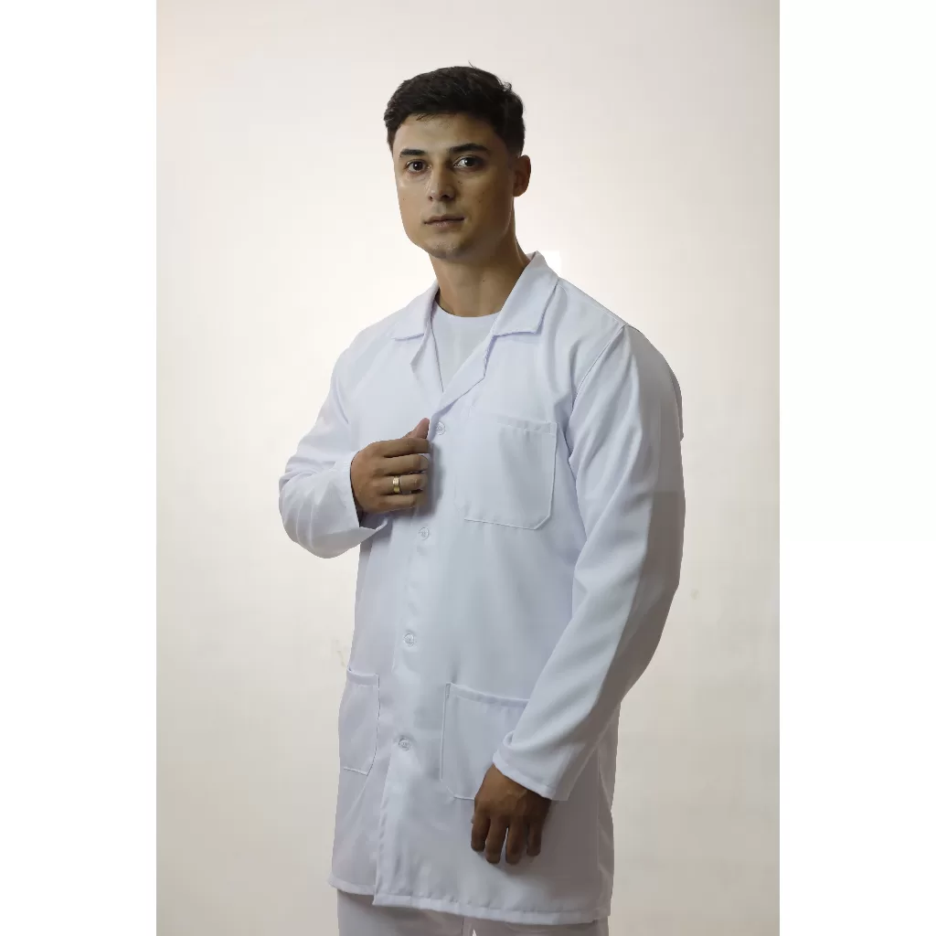 Jaleco Branco Masculino Hospitalar Manga Longa – Enfermagem Médico Químico Veterinário Laboratório