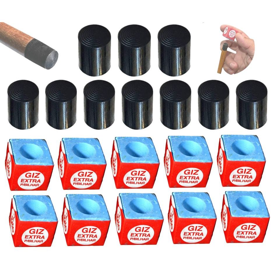 Kit 10 Ponteira Virola Rista + 10 Giz Azul 7 belo Para Taco de Sinuca / BIlhar
