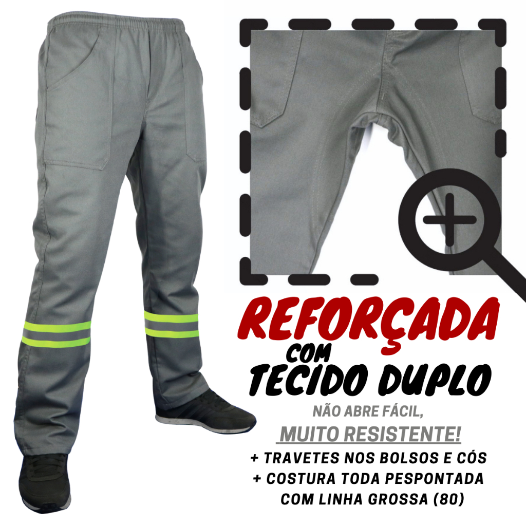 CALÇA CR – Reforçada Brim pesado Com Faixa Refletiva Cinza ou Preta Uniforme profissional Pedreiro.