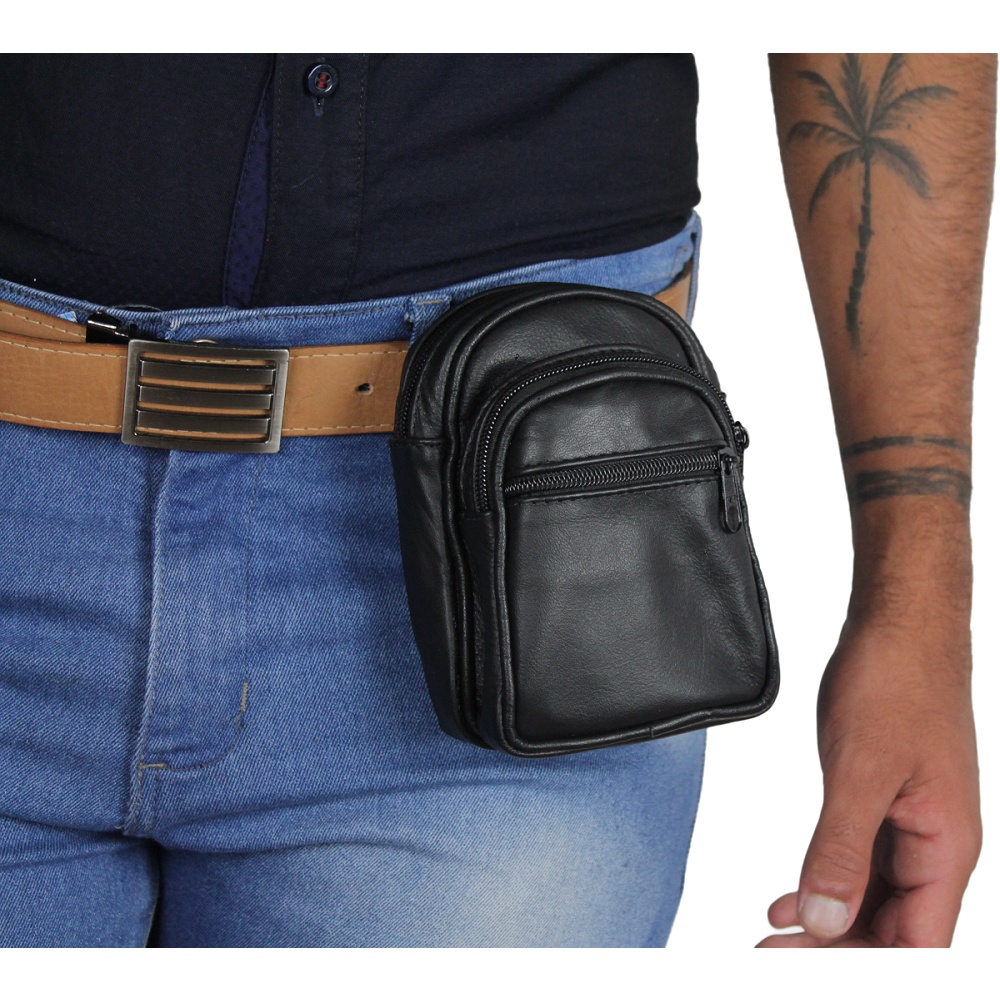 Mini Pochete Em Couro Bovino Legitimo Para Usar Com Cinto 11 Bag Lateral