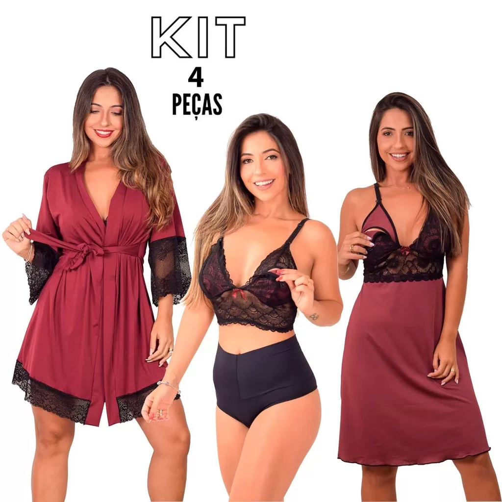 Kit Gestante Amamentação Luxo Pós Parto Completo com Calcinha Robe Camisola e Sutiã Abre Fácil