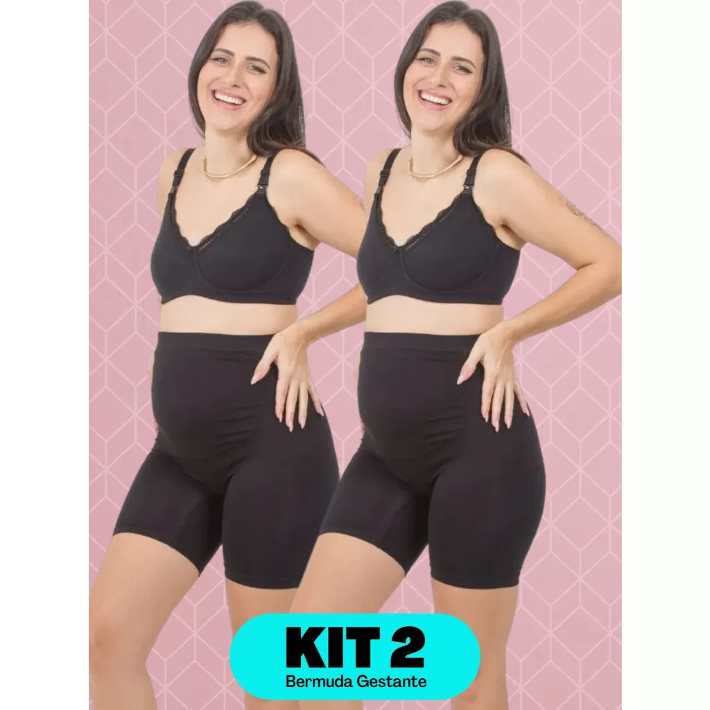 Kit 2 Bermuda Gestante Short Adulto Feminino Cintura Alta Sem Costura Anatômica Maternidade Gravida