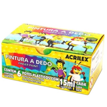 Pintura a dedo Acrilex com 6 potes de 30 ml.