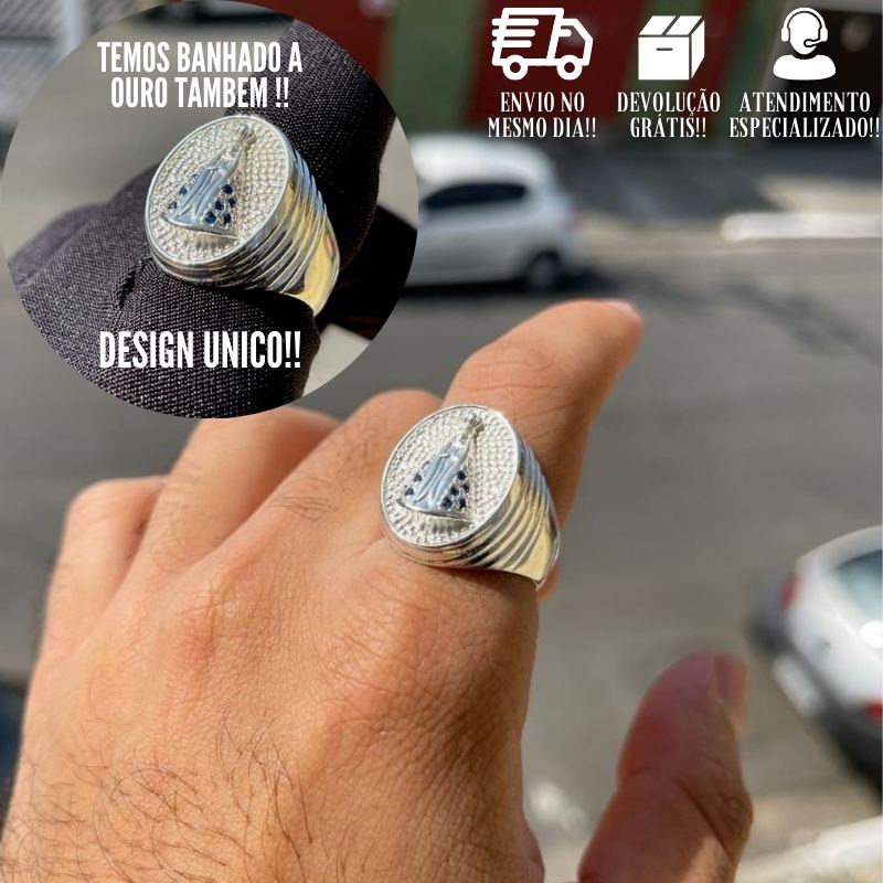 Anel Masculino De Prata 925 Nossa Senhora Aparecida Com Pedras Brilhantes Anel De Nossa Senhora Dede