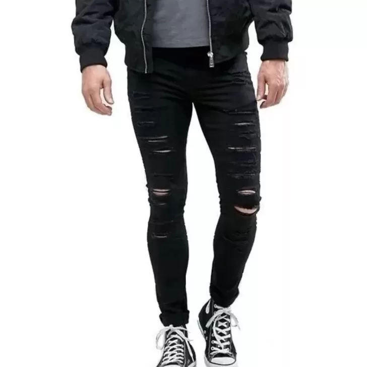 Calça Masculina Preta Rasgada Skinny Justa Destro