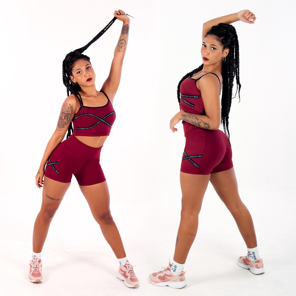 Conjunto Fitness Short Cintura Alta e Cropped com Elásticos Racy em X Marsala Não Fica Transparente