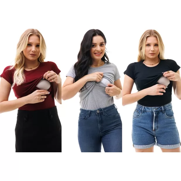 Kit com 3 blusas manga curta Amamentação ItsBell