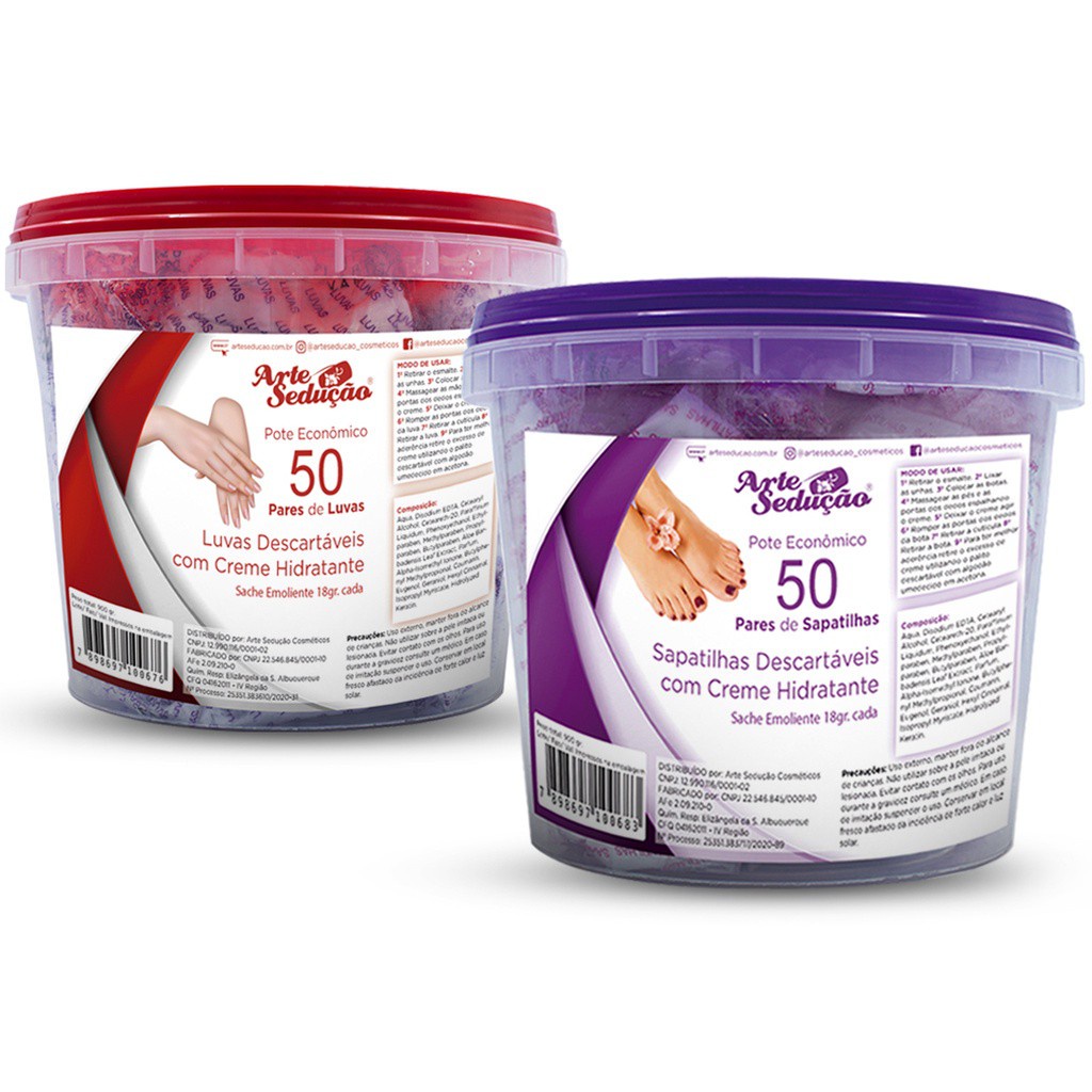 Kit 50 Pares Sapatilhas e 50 Pares Luvas com Creme Emoliente Descartável Manicure Pedicure Cutículas