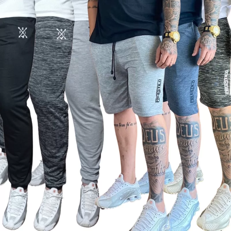 Kit 3 Calças e 3 Bermudas Masculinas de Moletom Moletinho Treino Academia