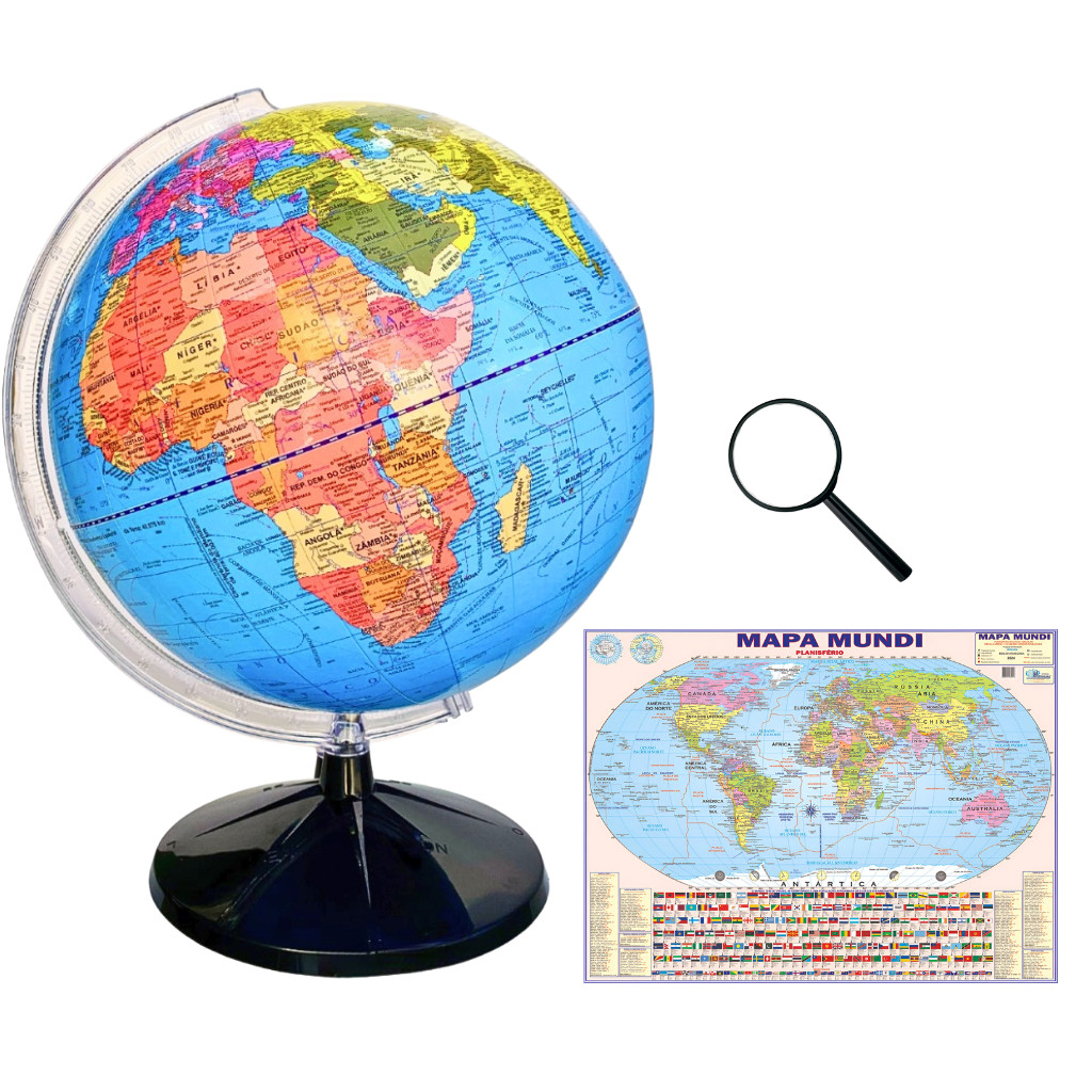 Globo Terrestre Político Continental 30cm Diâmetro e 43cm Altura + Mapa Mundi Gigante + Lupa
