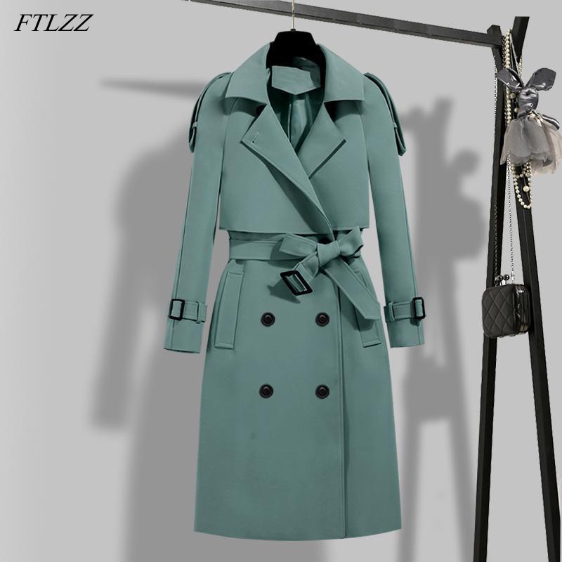 Casaco Trench Coat Feminino Elegante Com Gola Virada Com Cinto Para Outono / Inverno