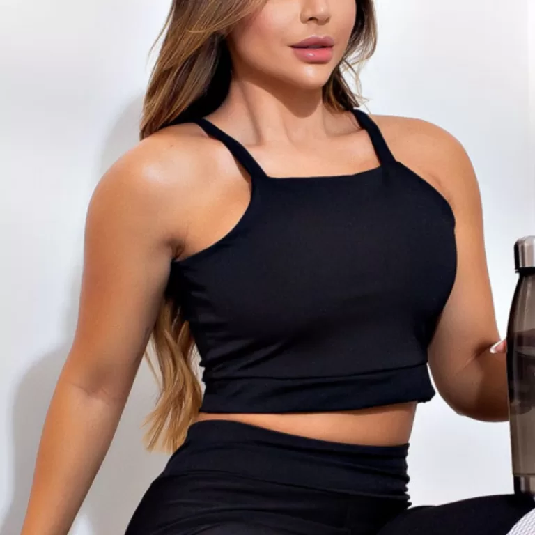 Cropped Top Fitness Duplo Preto de Alcinha Full Co