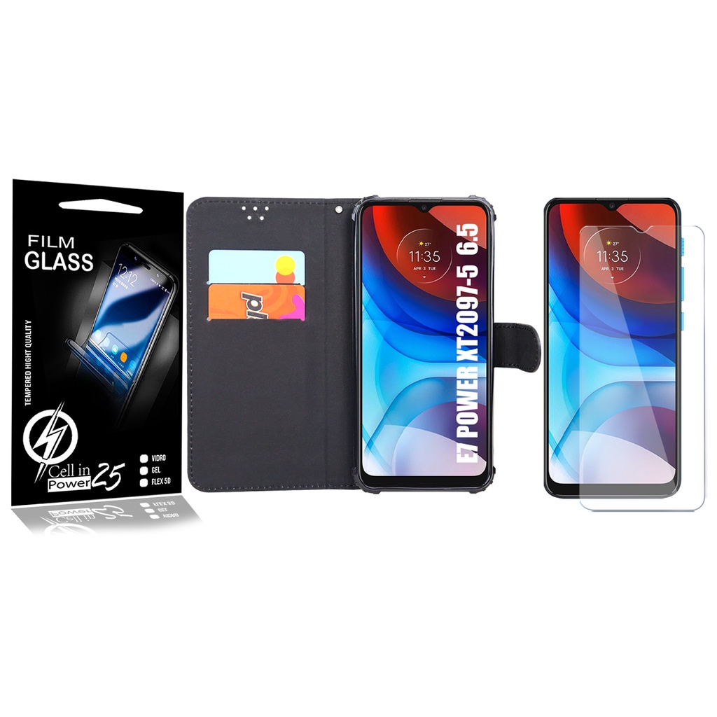 Capa Case Flip Carteira + 2 Pelicula Vidro Moto E7 Power 6.5 XT2097 – Cell In Power25