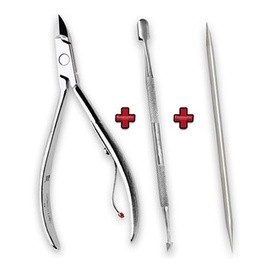 Alicate de cutícula + espatula + palito inox mani