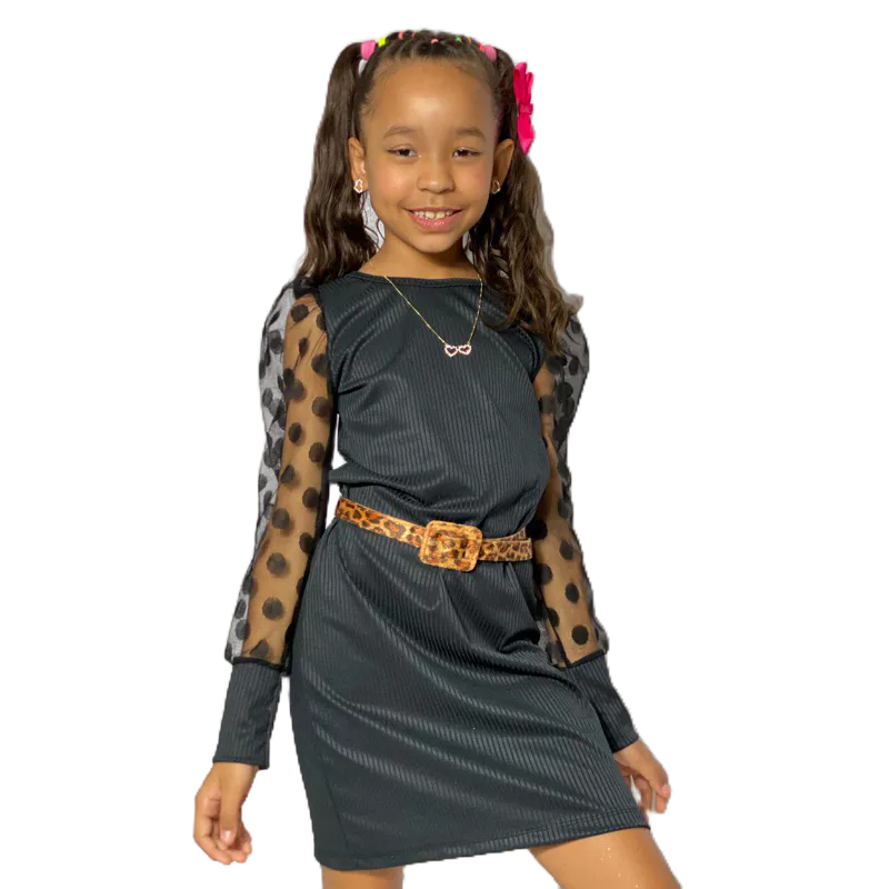 Vestido Tubinho Canelado Manga Tule Infantil Menina Blogueirinha Instagran