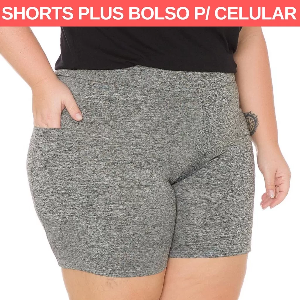 Bermuda Shorts Legging Feminino Plus Size Liso Cintura Alta Com Bolso Fitness Academia Treino