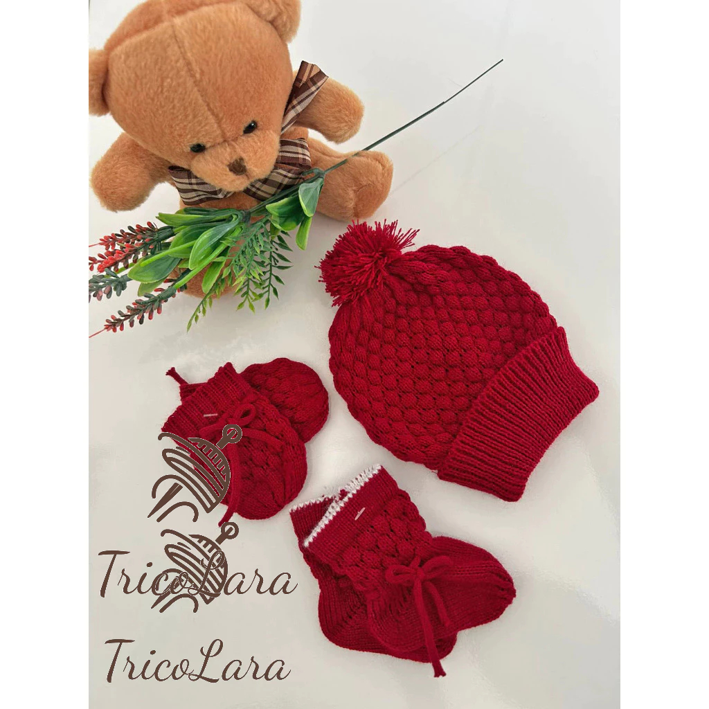 Kit Touca Luva e Sapatinho Tricô Bebe RN – 2 meses