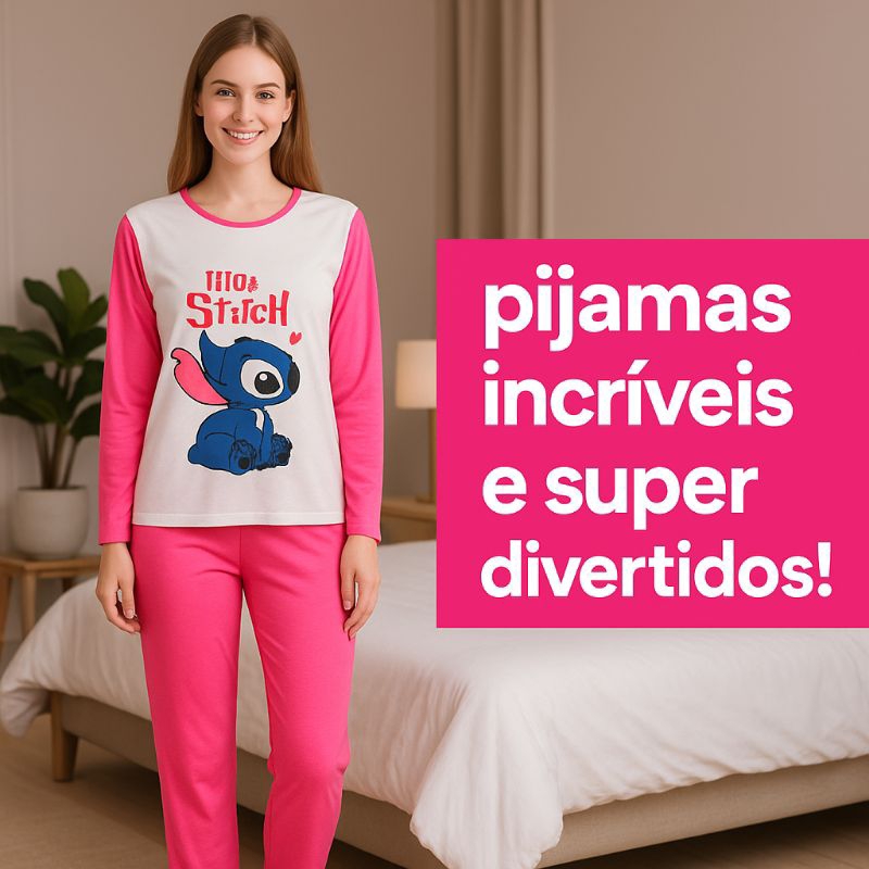 Pijama Longo Malha Personagem Estampado Pijama de Inverno feminino conjunto feminino Roupa de Dormir