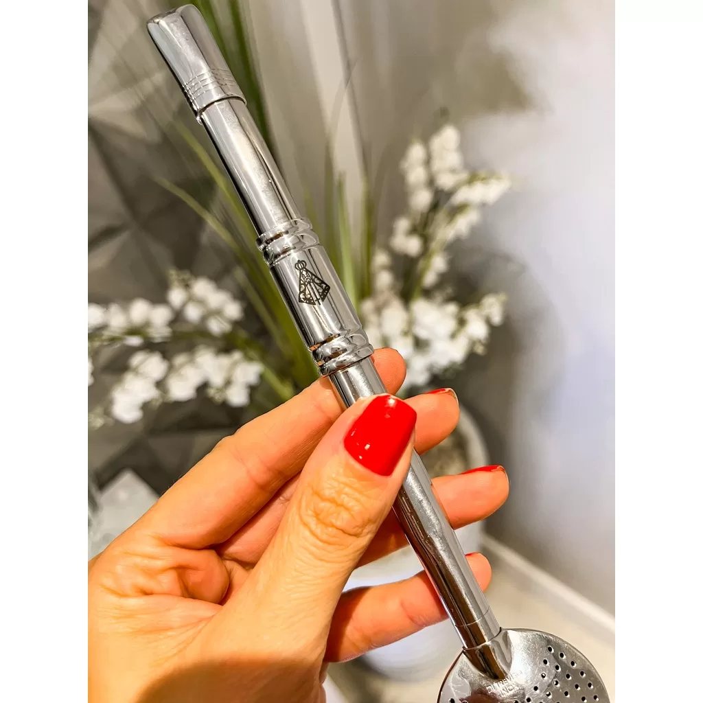 Bomba em Aço Inox com bocal, rosca, anel e escova 23cm Nossa Sra Aparecida