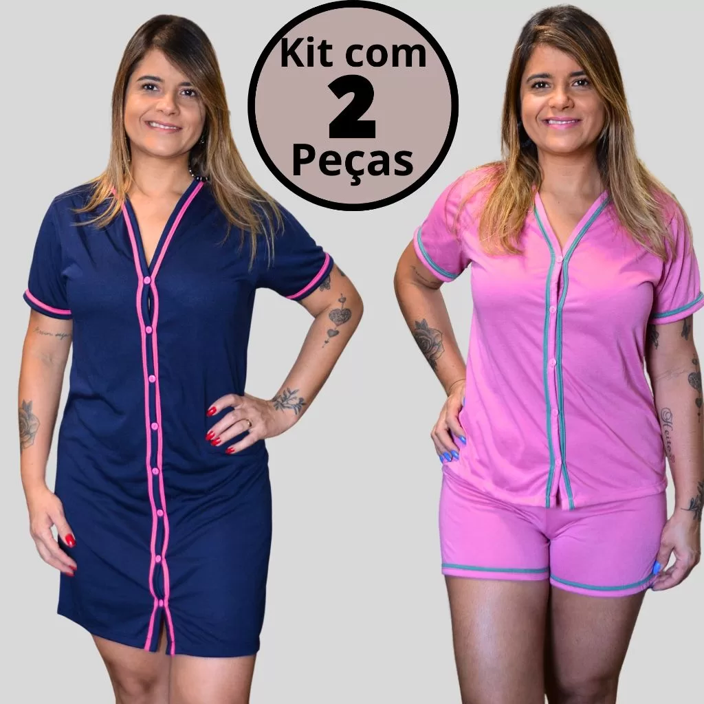 Pijama Baby Doll Amamentação Kit com 2unds Cor Sortida (1 Camisola + 1 Baby doll) Malha com Botões