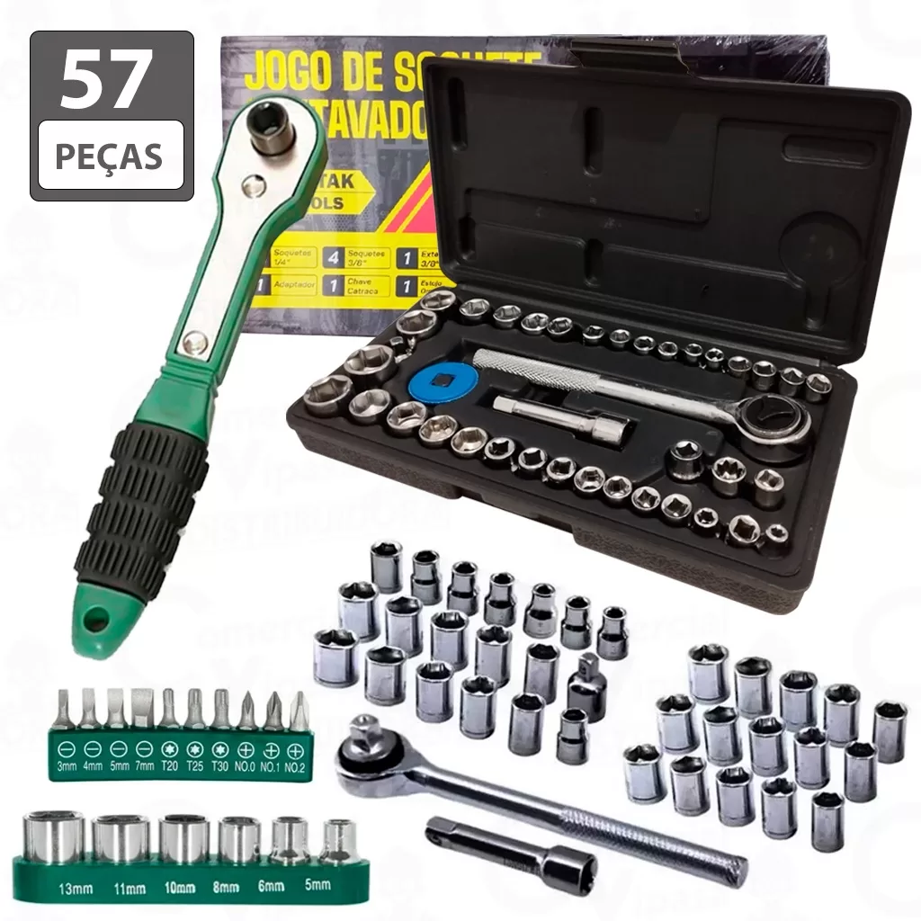 Kit Jogo Ferramentas 57 Peças Chave Catraca Reversível Soquetes Canhão Bits Multiuso Geral Top