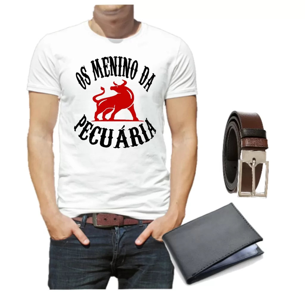 Kit camiseta os menino da pecuária + cinto + carteira slim