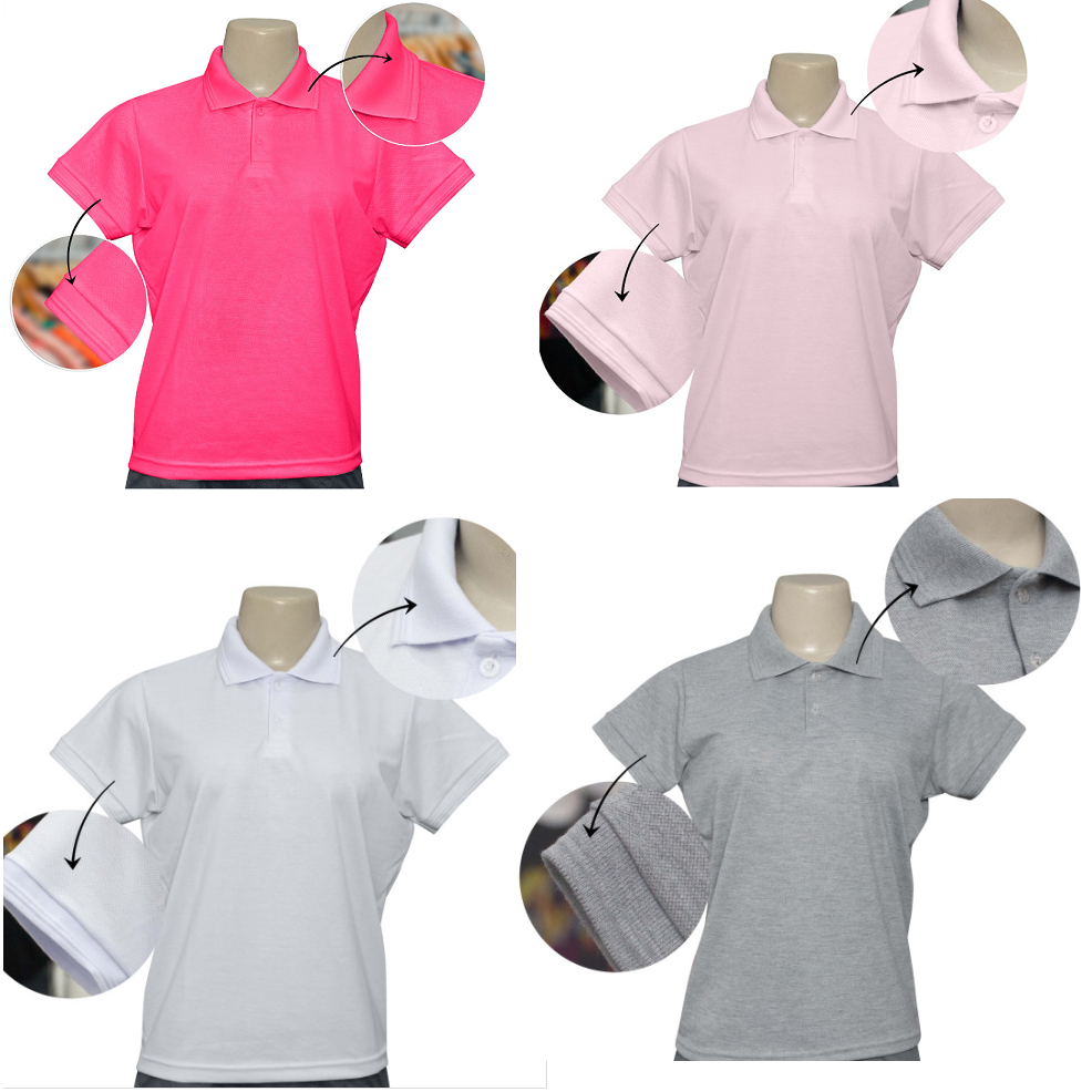 Camisa Polo Feminina 100% Poliester Branca/Mescla/Rosa/Pink