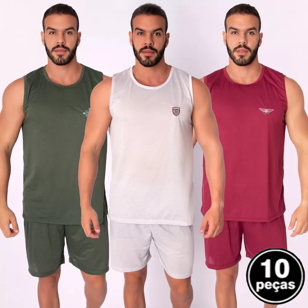 Kit 10 Pijama Regata Masculino Liso Short Curto Verão Adulto Básico Malha Dormir
