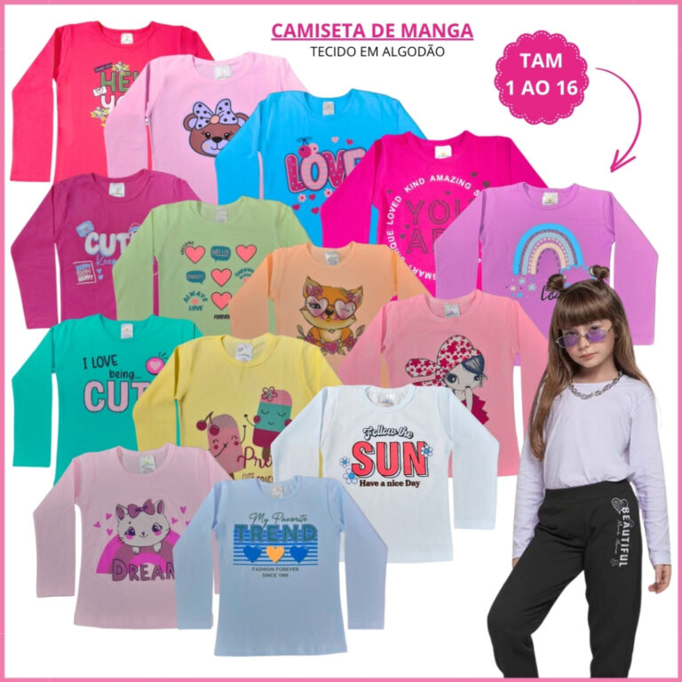 Kit 5 Camiseta Manga Longa Menina Blusinha Infanti