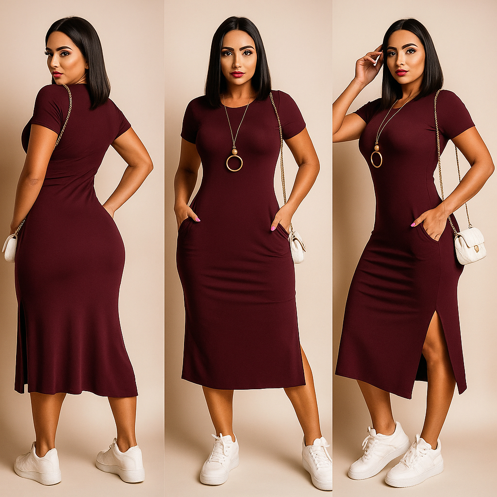 vestido envio rápido mais vendidos midi casual moda feminina festa de bolso e fenda lateral modelo