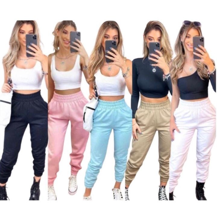 Calça moletom feminina Jogger Grossa Cós Alto