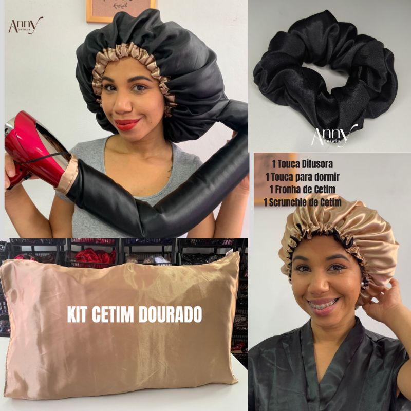 kit Cetim – Touca Difusora com Regulador + Touca para dormir Dupla Face