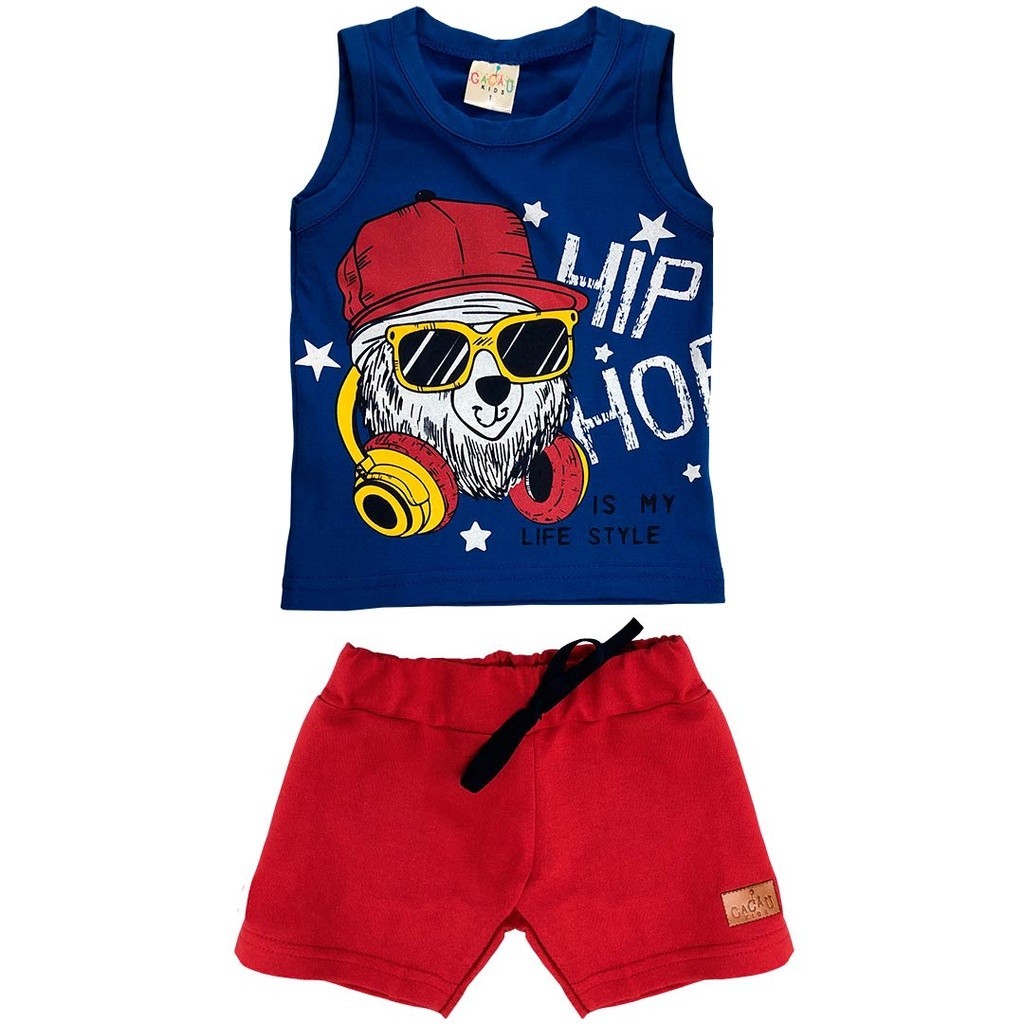 Conjunto Infantil Menino Curto Azul Urso Confortável Cacau Kids Algodão Presente de Natal