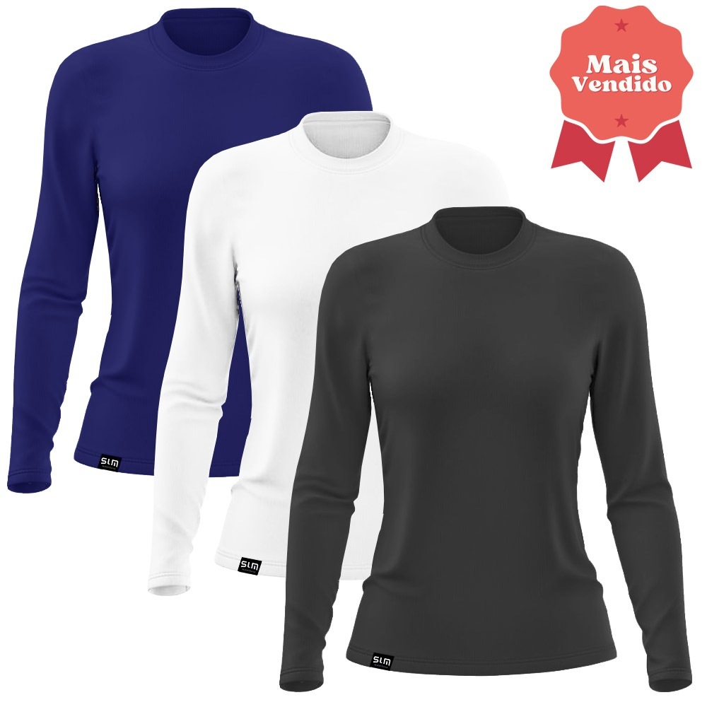 Kit com 3 Camisetas Femininas UV Proteção Solar UV50+ Tecido Gelado Cores Sortidas