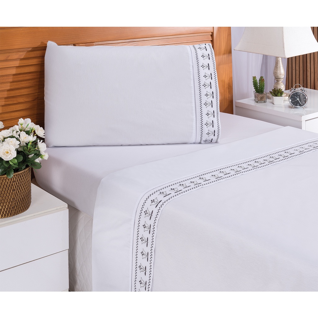 Jogo de Lençol Cama Box Solteiro Bordado Tulipa Branco 3pçs