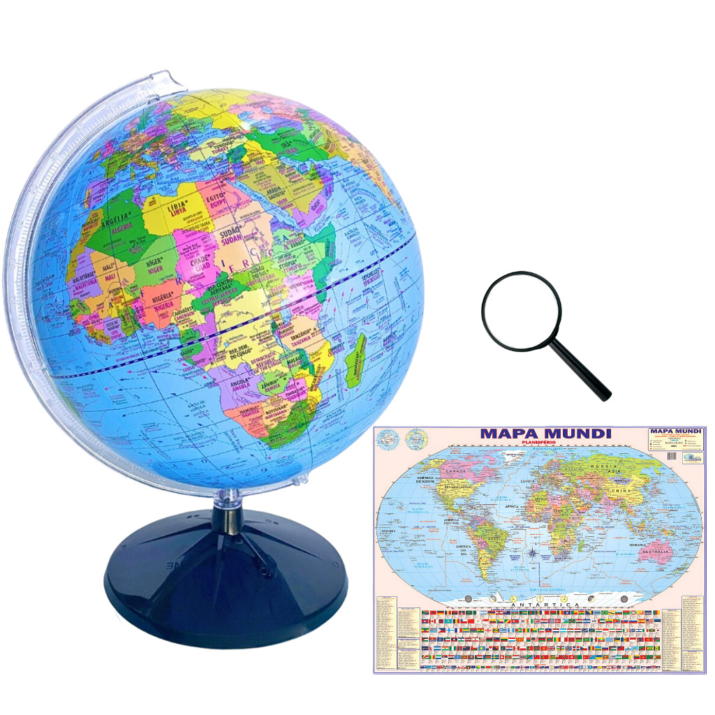 Globo Terrestre Político Bilíngue 30cm Diaâmetro e 43 cm Altura Base Preta + Mapa Mundi Gigante + Lu