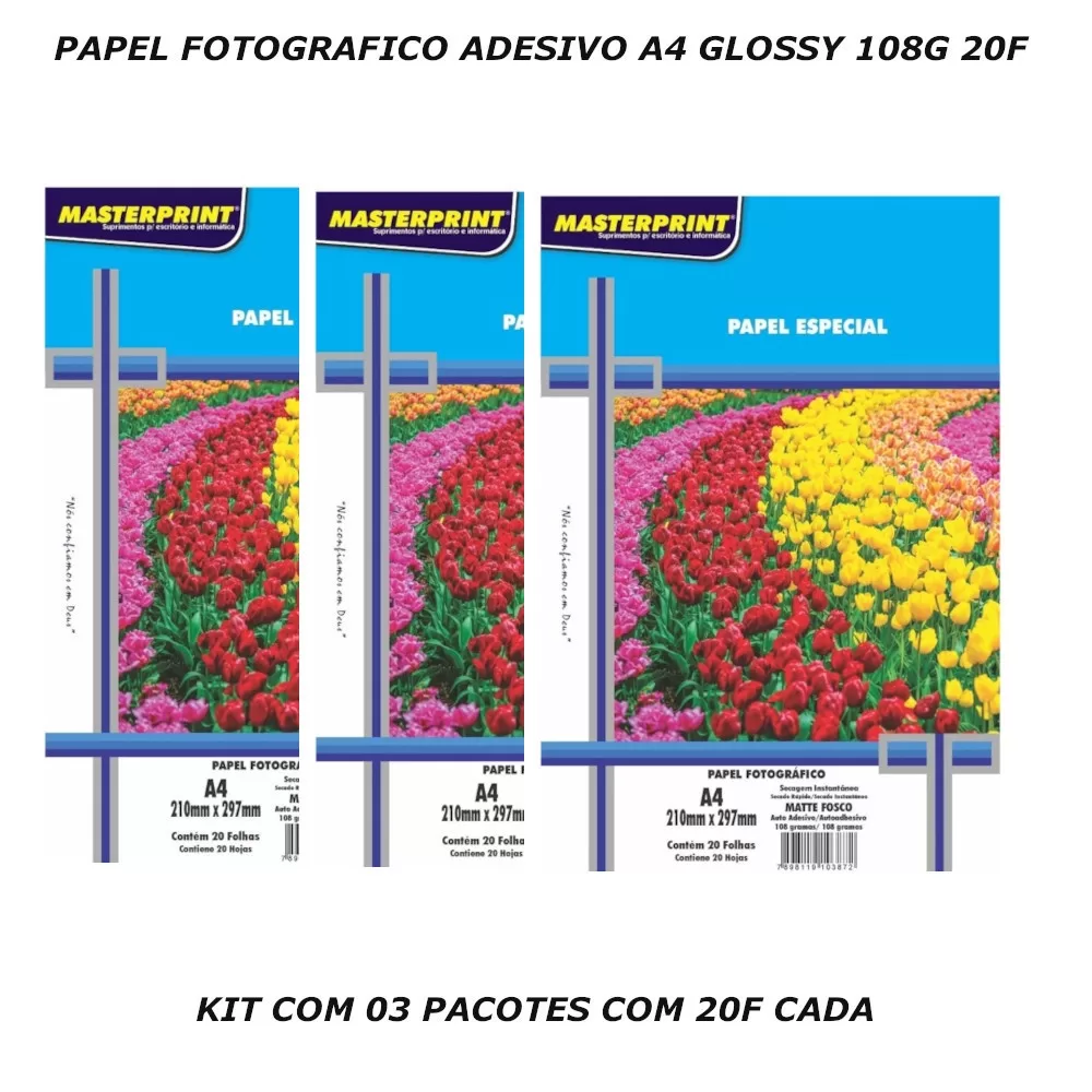 PAPEL FOTOGRAFICO ADESIVO A4 GLOSSY 108G 20F- KIT 03 PACOTES
