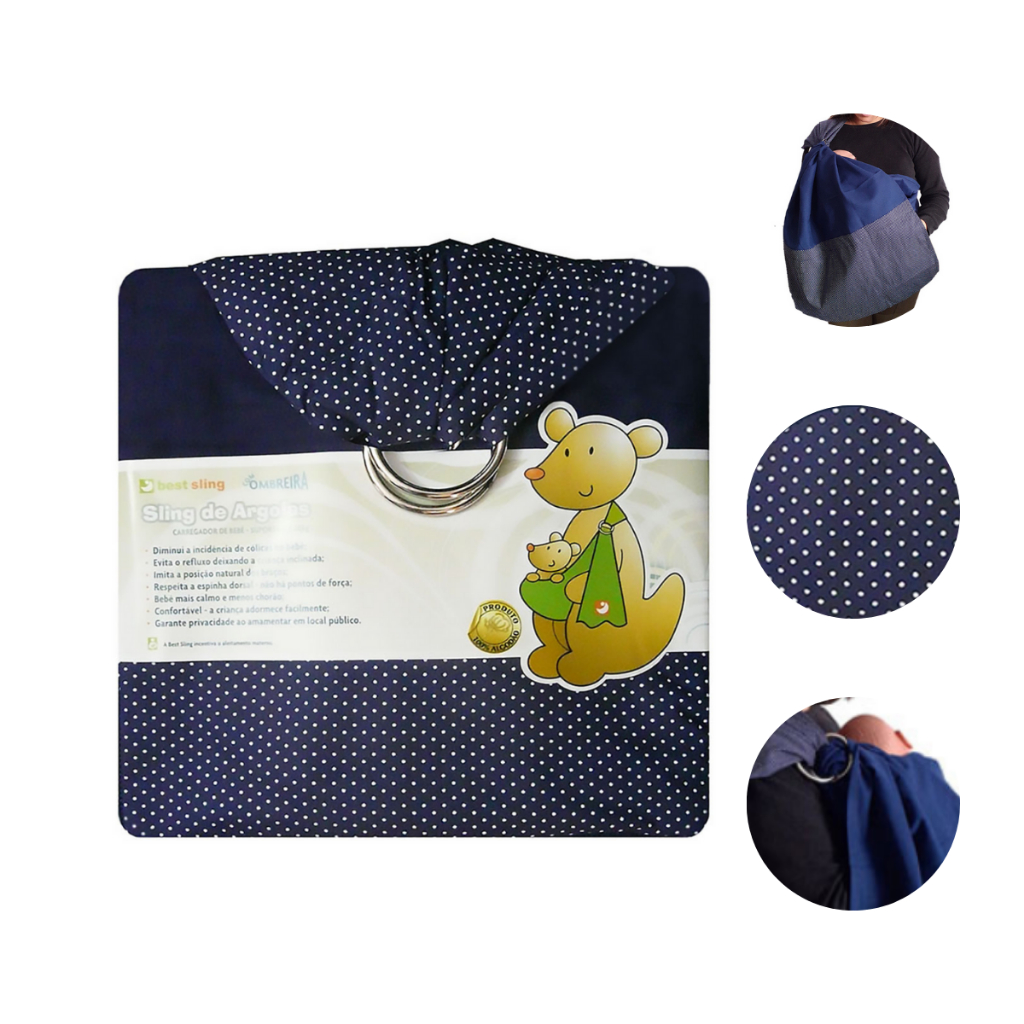Sling de Argolas Sling Bebe Antialergico Menino Azul Marinho Poa Passeio Viagem 20 kg
