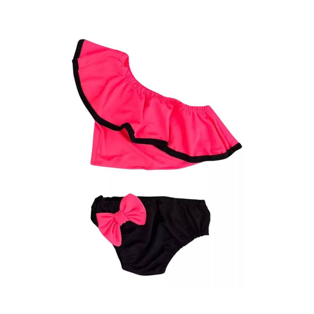 Biquíni Infantil Menina Rosa Neon Com Laço e Babado Moda Blogueira Verão Praia 2025 Estilo Diversão