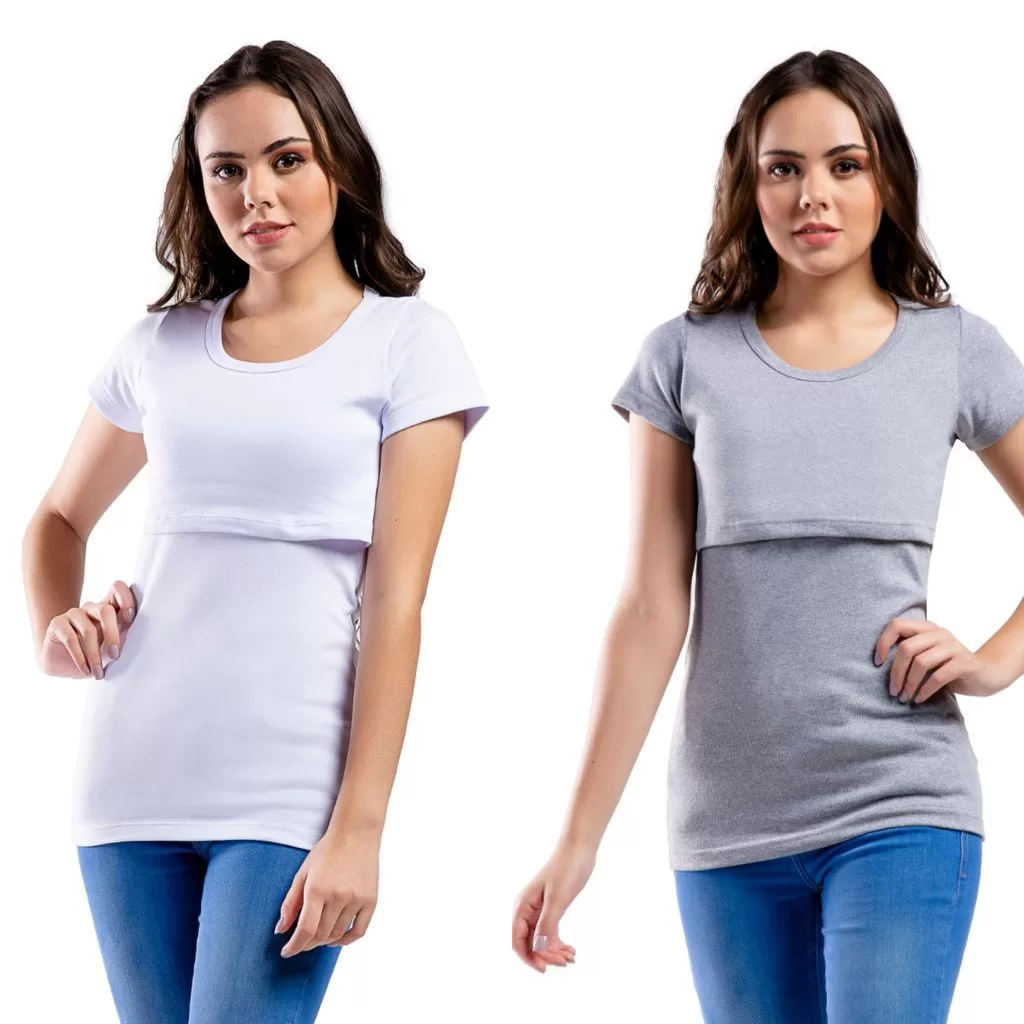 Kit com 2 Blusas Amamentação Manga Curta Branca e Cinza PROMOÇÃO