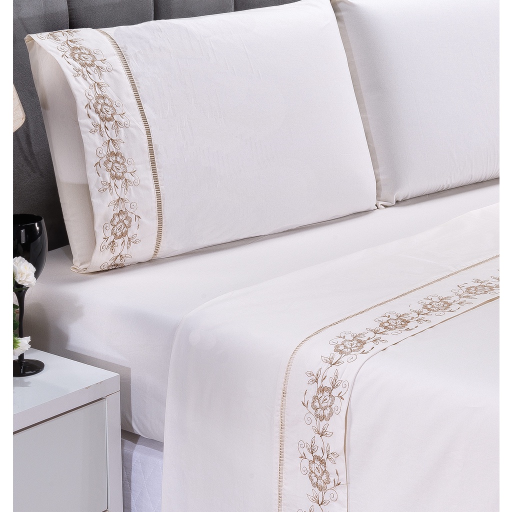 Jogo de Lençol Cama Box Solteiro Bordado Floral Palha 3pçs