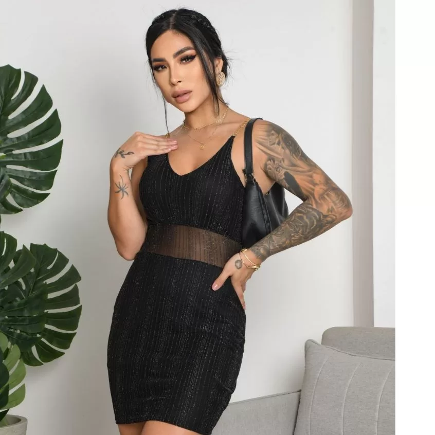 Vestido Lurex Tule Curto Colado Alcinha De Corrente Moda Feminina Balada Festa