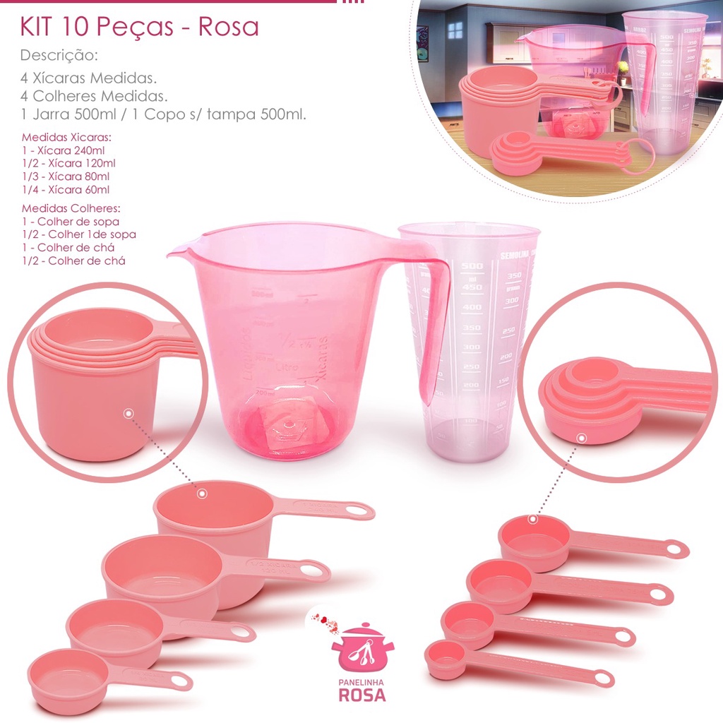 kit medidores 10 peças jarra de 500 ml copo de 500 ml xicara e colher  na cor rosa casa, cozinha