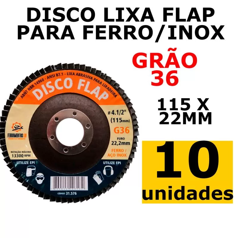 Kit C/ 10 Unidades Lixa Flap Disc Ferro/Aço Inox 115x22mm Grão 36 LDI