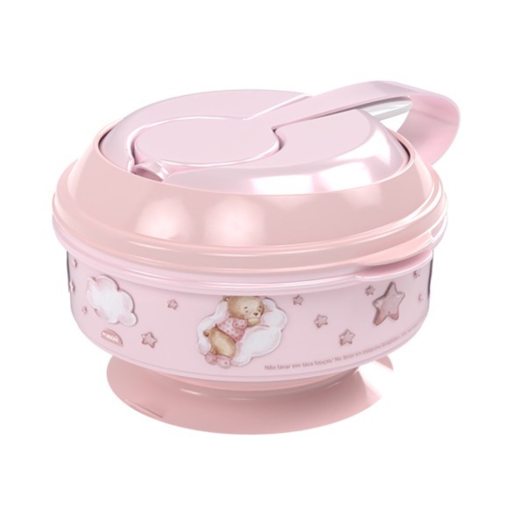Pote de Papinha com Amassador Colher e Ventosa Rosa Ursinha