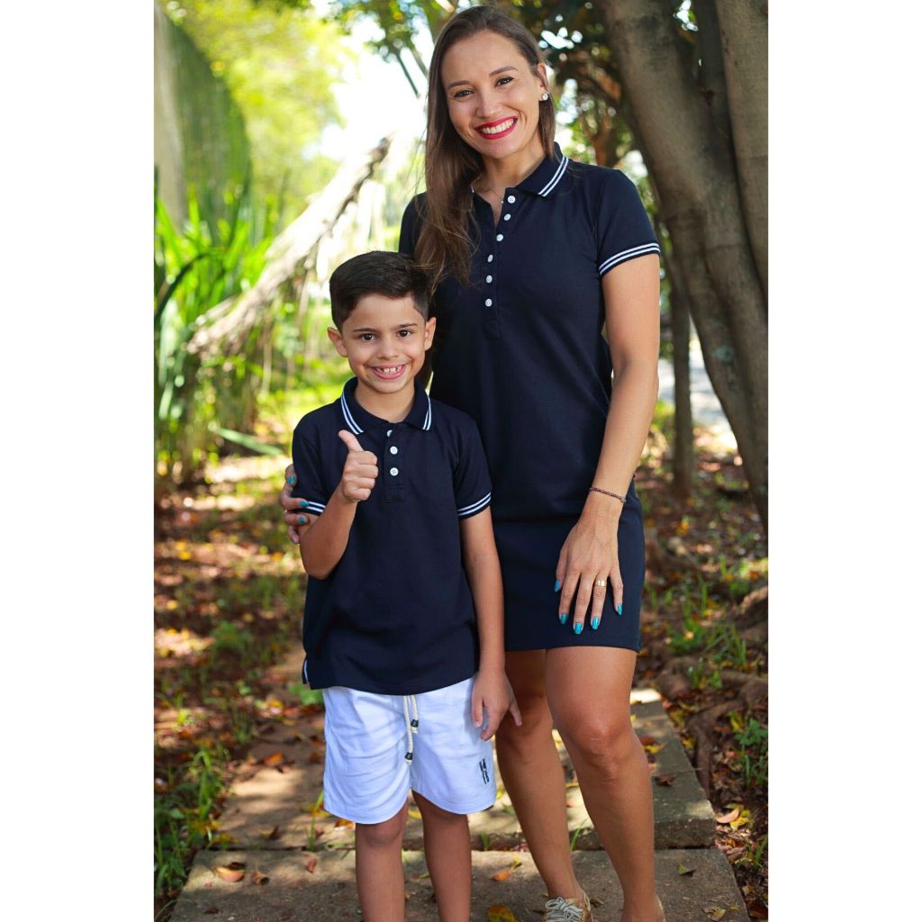 MÃE E FILHO > Kit 02 peças Vestido e Camisa ou Body Polo Azul Marinho Céu