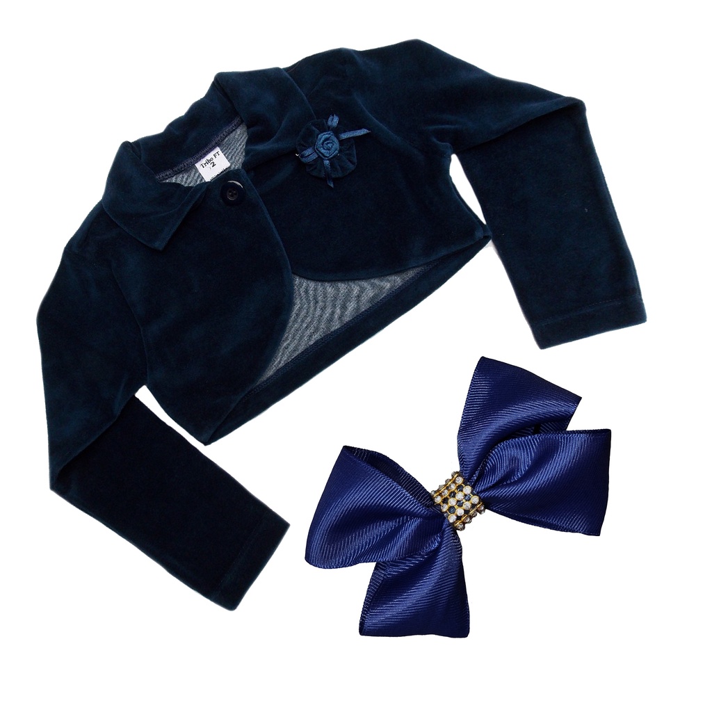 Bolero Infantil Casaco Casaquinho De Plush Azul Marinho Com Laço Festa Menina