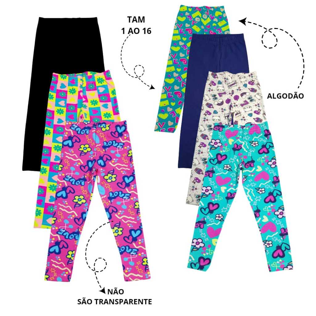 Kit 3 Leg Infantil Feminina Algodão Suplex Legging Barata Menina Promoção Sortidas 1 ao 16 Oferta